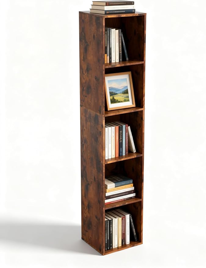 Cube Storage Organizer, 5 Cube Retro Bookshelf, Freestanding 5 Tier Open Shelf, Rustic Brown Retro Shelves for Home Office, Bedroom, Living Room, Study
