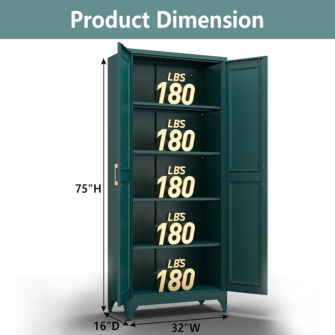 Polup 75" Pantry Cabinet, Tall Metal Storage Cabinet with Doors and Shelves | Green Kitchen Cabinet, 5 Adjustable Shelving, Heavy-Duty Steel, Gold Handles, 4 Standing Feet, for Garage Office & Laundry