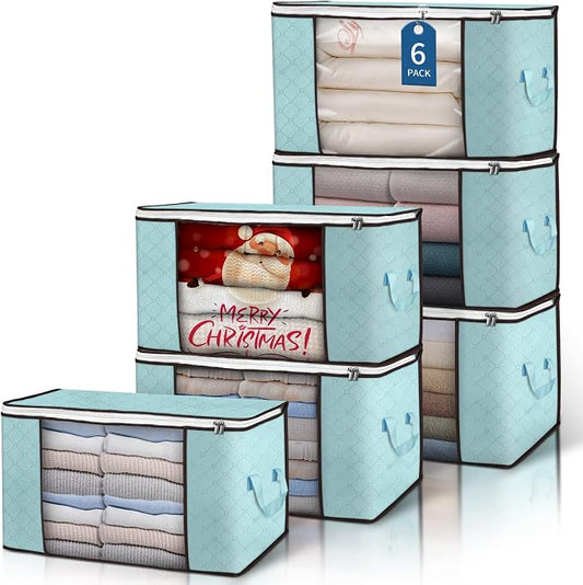 90L Large Storage Bags, 6 Pack Clothes Storage Bins Closet Organizers | Foldable Storage Containers, with Reinforced Handle, for Clothing, Blanket, Comforters, Bed Sheets, Pillows and Toys,Blue