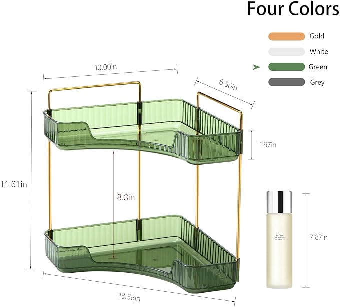 YCIA&DONE Corner Bathroom Counter Organizer, Makeup Organizer for Vanity, Skincare Cosmetic Perfume Tray, Corner Countertop Shelf Rack Storage for Bathroom Kitchen 2 Tiers (Vintage Green)