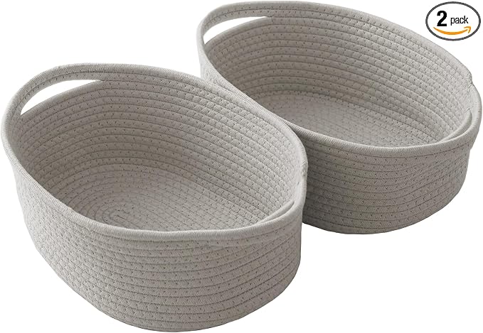 JMvicyroam Small Woven Basket, Empty Gift Basket, Grey/2 Pack | Small Gift Basket, Cotton Rope, 12 x 8 x 37 in, Handles, Includes Ribbon and Bag, Birthday Gift Basket