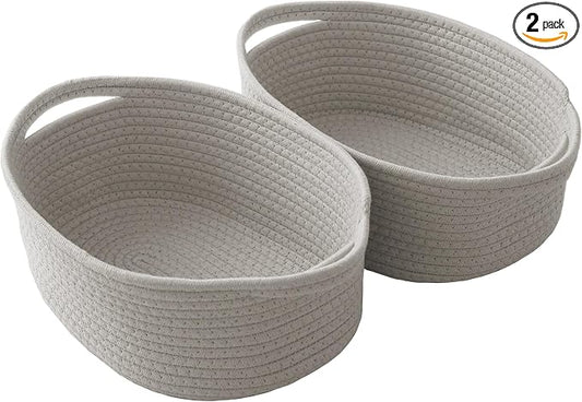 JMvicyroam Small Woven Basket, Empty Gift Basket, Grey/2 Pack | Small Gift Basket, Cotton Rope, 12 x 8 x 37 in, Handles, Includes Ribbon and Bag, Birthday Gift Basket