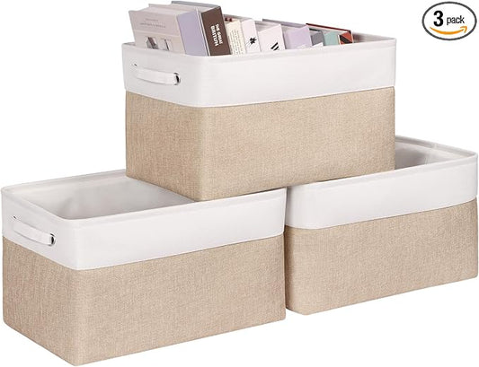 Foldable Storage Bin Collapsible Fabric Storage Basket Cube with Durable Handles Closet Organizer Bins for Organizing Shelves Drawers, Set of 3, 17" x 11.8" x 9.8", Beige