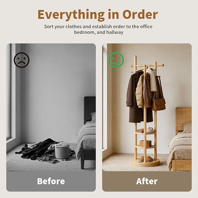 Coat Rack Freestanding, Solid Wood Coat Tree with 6 Hooks and 3 Storage Shelves for Bedroom, Entryway Living Room, Office, Corner Hanger Stand for Purse, Bag, Jacket, Hat