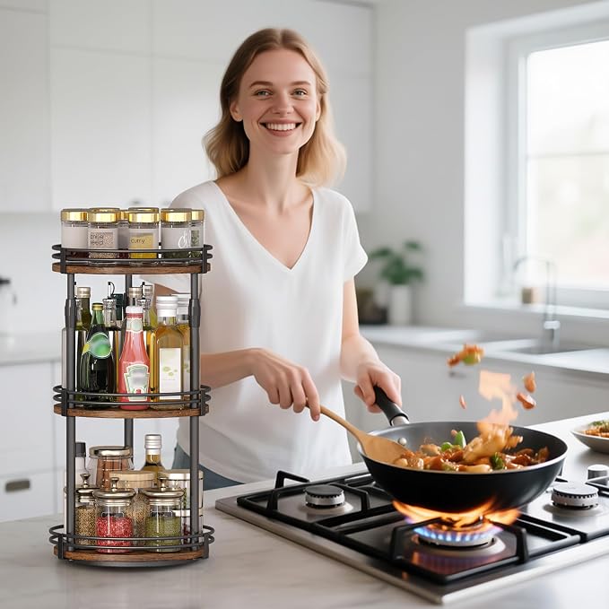 Across-Star Lazy-Susan-Organizer-Spice-Rack, 3-Tier Rotating Spice Organizer For Cabinet Pantry, Seasoning Holder Shelf With Adjustable Height, Kitchen Counter Shelf Countertop Organzier