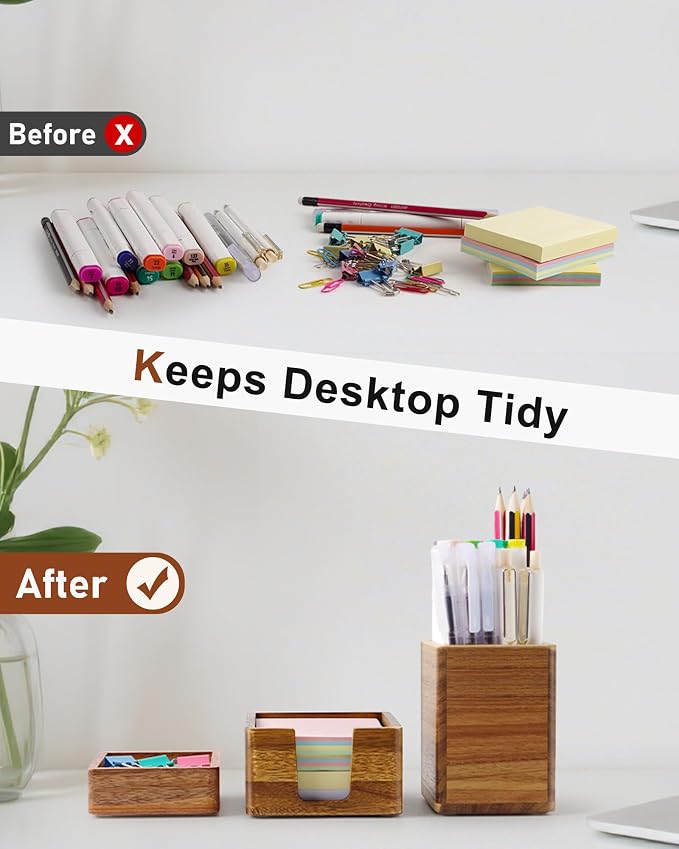 Acacia Wood Desk Organizer Set with Sticky Note Holder, Pencil Pen Cup & Paper Clip Storage, Office Desk Accessories for Marker Craft (Set of 3)