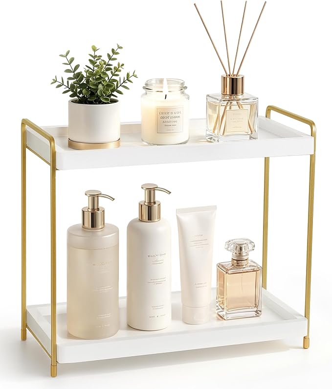 Mkono Bathroom Counter Organizer, 2 Tier Countertop Bathroom Decor Wood Storage Sink Shelf for Vanity Kitchen Coffee Station Home Office, Makeup Tray for Cosmetic Skincare Perfume, Gold and White