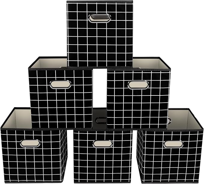 Yunkeeeper storage bins Cubes, Fabric Cube Organizer with Handle, Foldable Cube Bins for Cloth or Accessary Storage, 11x11x11, Set of 6, (Black grid)