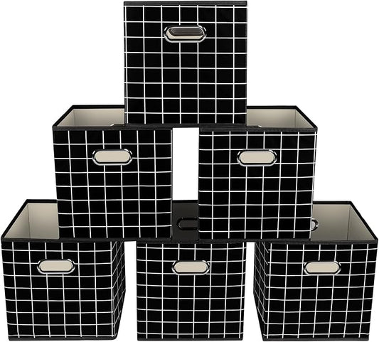 Yunkeeeper storage bins Cubes, Fabric Cube Organizer with Handle, Foldable Cube Bins for Cloth or Accessary Storage, 11x11x11, Set of 6, (Black grid)