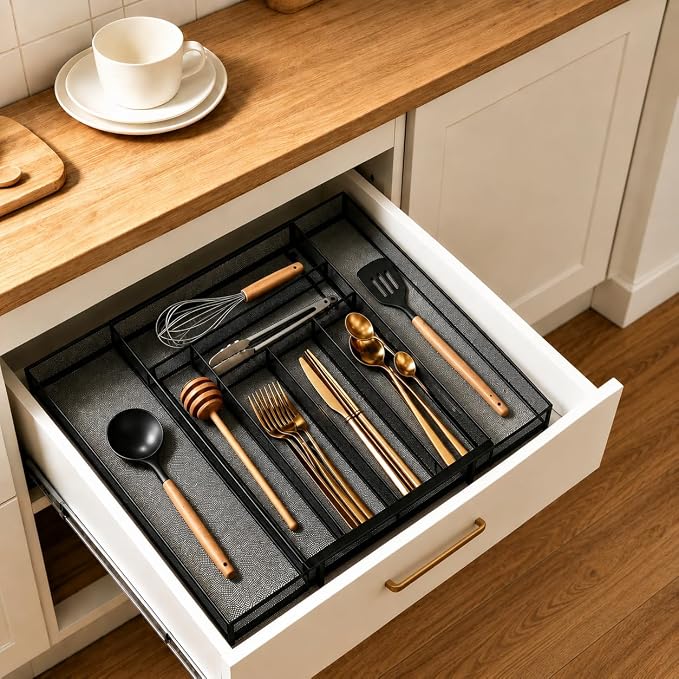 Sedegn Silverware Organizer Metal Mesh, Large Drawer Organizer | Utensil Cutlery Tray for kitchen drawers, Expandable Flatware Organizer with 8 Compartment Black 11.6"~20" x 17.3"
