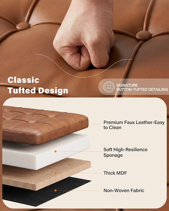 Entryway Bench, Modern PU Leather Upholstered End of Bed Bench Brown | Shoe Bench with Tufted Seat, 660 lb Capacity, Sturdy Metal Legs, Mid-Century Style, For Hallway, Living Room, Bedroom, Foyer