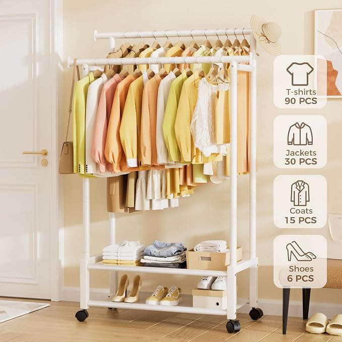 Double Rod Clothing Rack with 2 Shelves, Rolling, White | All tools included, metal frame, 4 casters with 2 locking, for bedroom, laundry, and entryway