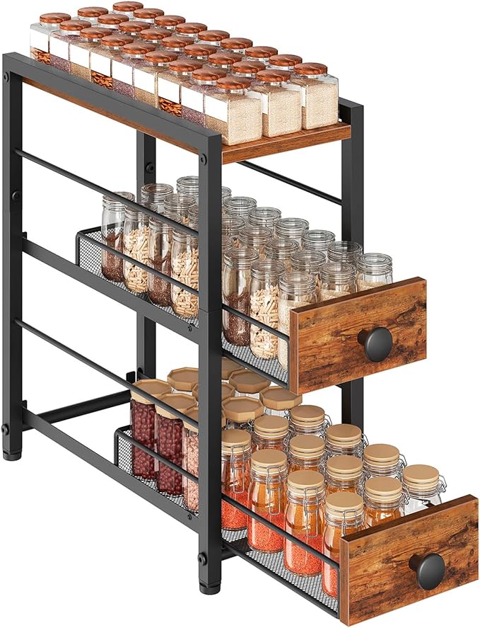 Spice Rack, 3-Tier Pull Out Spice Rack Organizer for Countertop, Narrow Kitchen Countertop Storage Shelf with 2 Drawers, for Kitchen, Cafe, Rustic Brown and Black SR02BR