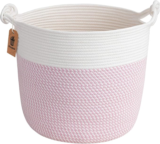 Goodpick Woven Rope Blanket Basket Living Room, 40L, Pink | Small Laundry Basket for Organizing Baby Clothes, Blankets & Pillows, Great for Bedroom Nursery Home Décor, Pink
