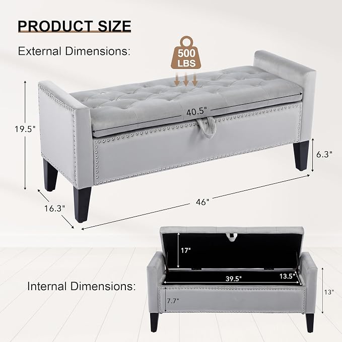 Velvet Storage Ottoman Bench, 46'' Upholstered Button Tufted End of Bed Bench, Modern Storage Bench for Bedroom, Living Room, Entryway, Grey