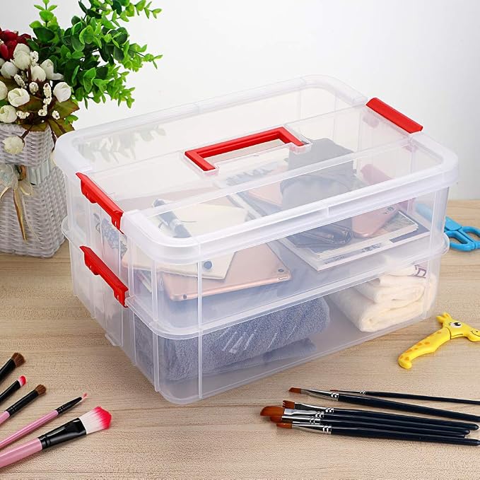 JUXYES 2-Tiers Plastic Stack Carry Storage Containers Box wih Handle Lids | Clear Stackable Latching Craft Storage Bin for School Office, Organizing Stationery, Sewing, Art Craft, DIY Supplies, Red