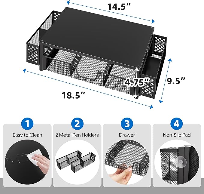 Simple Trending Desk Organizer, Computer Monitor Stand Riser, Black | Metal Laptop & Printer Stand, Desktop Organizer with Drawer & 2 Pen Holders, Anti-Slip Pads, 18.5"W x 9.5"D x 4.75"H