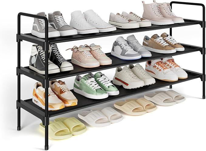 Kitsure Long Shoe Rack for Closet, 36.1" Wide - 3 Tiers, Black | Shoe Organizer for Front Door Entrance, Stackable Shoe Shelf, Closet Organizers and Storage