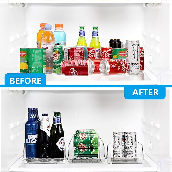 2 Packs Refrigerator Organizers and Storage Width Adjustable Can Organizer for Refrigerator Expandable Soda Can Dispenser for Beer Soda Pop Can Soda Organizer for Fridge Kitchen Pantry Clear
