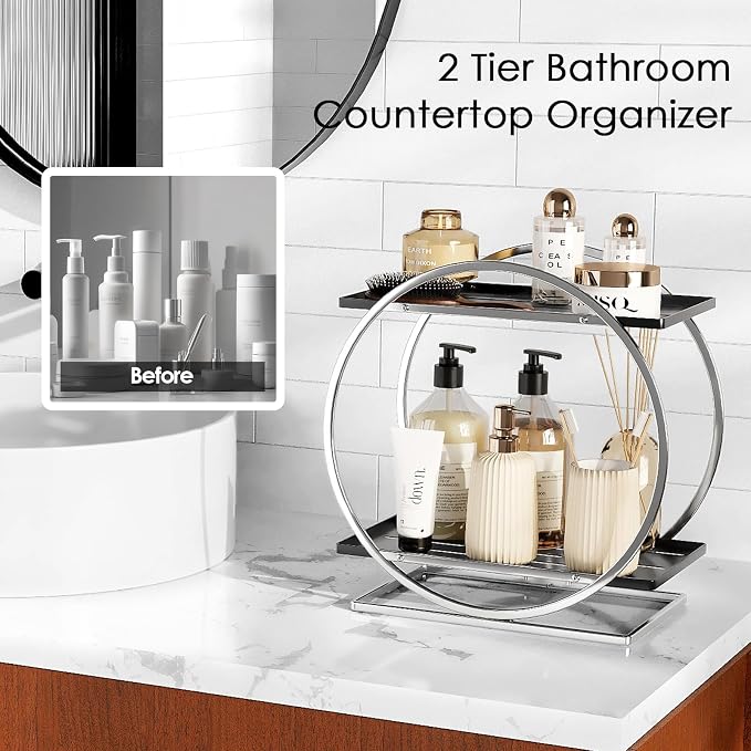 Bathroom Counter Organizer, 2-Tier Perfume Organizer for Dresser | Silver Black Bathroom Organizers and Storage, Makeup Organizer Countertop Vanity Tray Skincare Perfume,Bathroom Counter Shelf