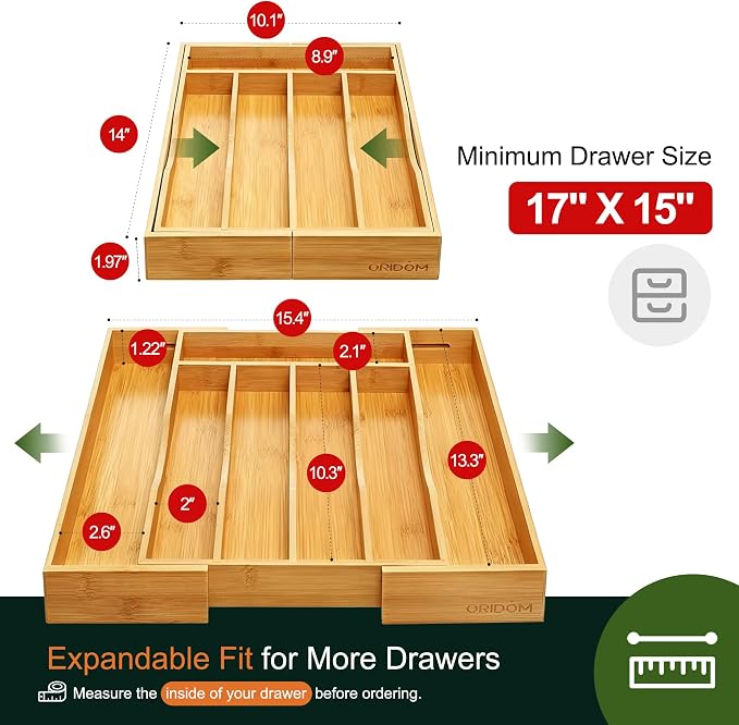 2-Piece Bamboo Silverware Organizer, Expandable Kitchen Drawer Organizer for Cutlery and Utensils, Multifunction Adjustable Bamboo Wood Cutlery Tray in Drawer for Flatware, (Natural)