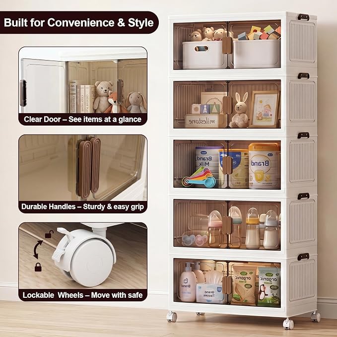 120QT Stackable Storage Bins With Lids, Collapsible Plastic Storage Bins with Wheels and Doors, Foldable Plastic Cabinets for Bedroom Dorm Garage Office Kitchen, 5 Pack