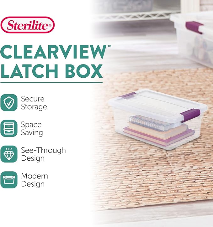 Sterilite 6 Qt ClearView Latch Storage Box Stackable Bin with Latching Lid, Plastic Container to Organize Shoes in Closet, Clear (24 Pack) | Clear Plastic Organizers with Color Accent Latches for Closet, Bedroom, Shelving Units, Dorm Room and Home Orga...