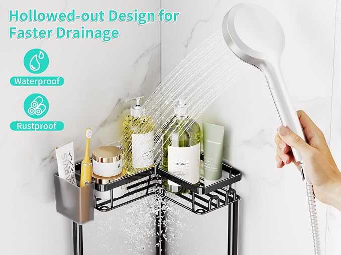 HapiRm Standing Shower Caddy Corner - 4 Tier Corner Shower Organizer with Toothbrush Holder and 16 Hooks, Large Capacity Rustproof Bathroom Shelves for Tall Bottles, Black