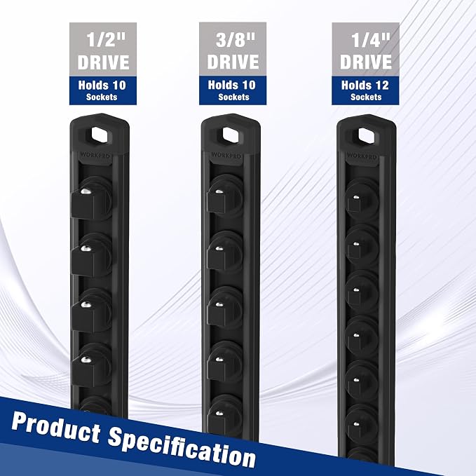 WORKPRO Magnetic Socket Organizer, Heavy Duty 1/4-Inch Drive Socket Rail | 1 Piece Socket Holder with 12 Spots, Aluminum Alloy, Rotatable & Movable Clips, Efficient Organization