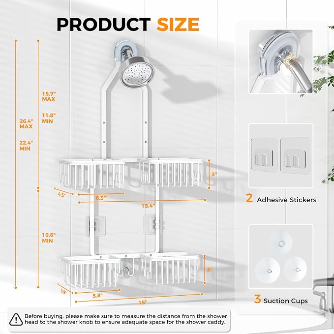 Adjustable Aluminum Shower Caddy Hanging for Handheld Showerhead, White | Rustproof Aluminum, Shower Organizer, Anti-Slip, Quick-Drain Shelf, 40lbs Capacity, Suction Cups, 8 Hooks, Razor Soap Holders