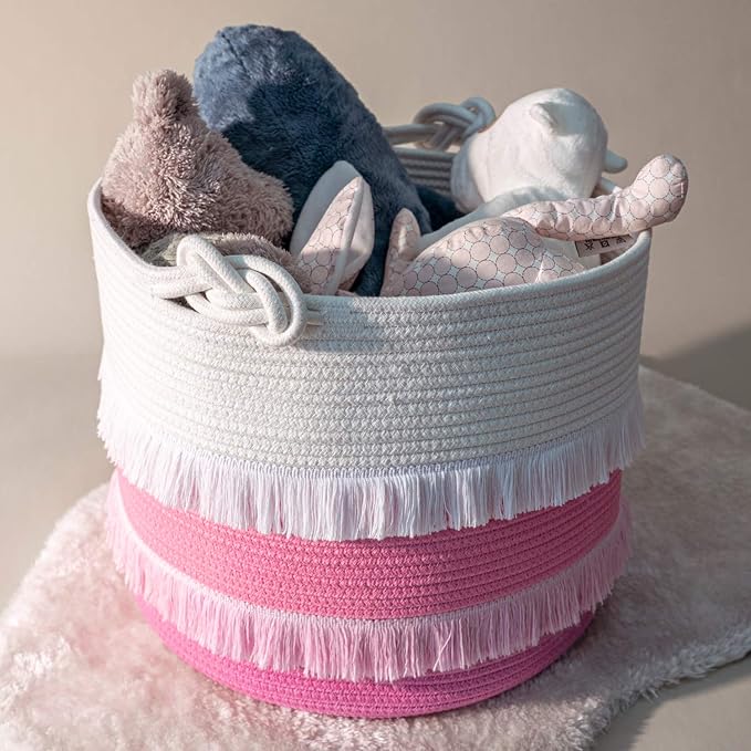 CherryNow 45L Woven Rope Baby Basket with Tassel, 16" x 13", Pink | Decorative Boho Laundry Basket for Blankets & Towels Storage, Fits Living Room & Nuesery Home Decor, with Knotted Handles