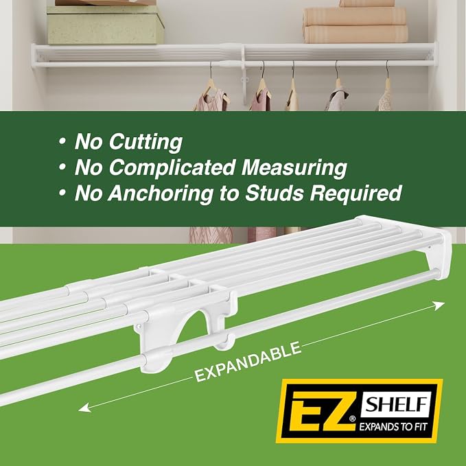 Closet Shelf with Hanging Rod - 28-48” Expandable, White, Closet Shelves - Strong, Holds 200 lbs - DIY, Easy Install to 2 Side Walls - Alternative to Wire Shelving