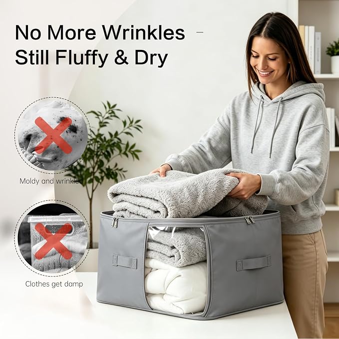 Comforter Storage Bag, Large Capacity Blanket Storage Bags 3-Layer Ultra Space Saving Self Compression Organizer, Heavy Duty Space Saver Organizer for Bedding, Clothes, Blanket, 4-Pack, Gray