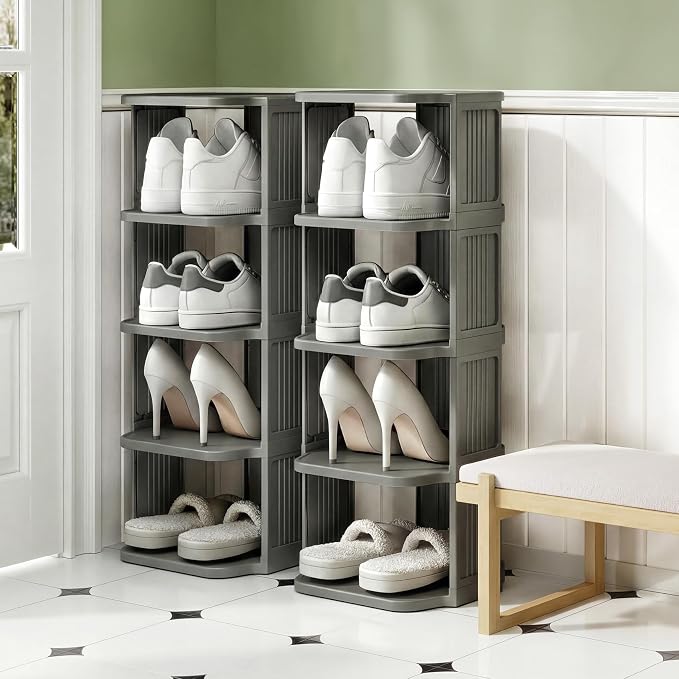 Kitstorack 8-Tier Vertical Plastic Shoe Rack, Freestanding Stackable Shoe Storage Organizer Cubes Shoe Shelf Tower or Small Closets and Tight Spaces, Gray
