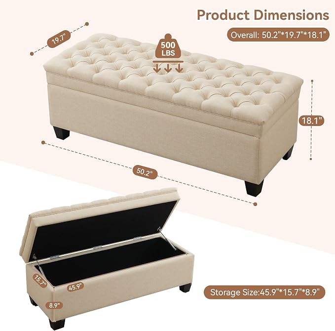 WUTUTUEE 51" Fabric Storage Ottoman Bench, Upholstered Rectangle End of Bed Storage Ottoman Tufted Living Room Bedroom Bench with Safety Hinge, Solid Wood Legs, Loads 500 lb(Khaki)