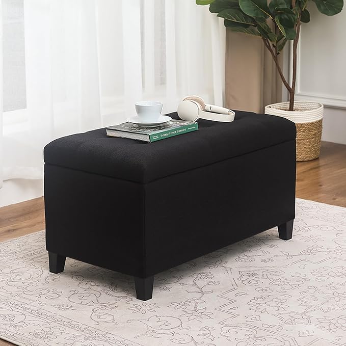Storage Ottoman Bench, Tufted Fabric Upholstered End of Bed Bench with Safety Hinge Wooden Legs, for Entryway Bedroom (Cotton and Linen Black, 33.3")