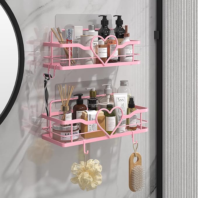 Pink Shower Caddy with 4 Removable Hooks, 2 Pack Sweet Heart Shower Shelves,No Drilling Adhesive Organizer Shelf for Bathroom Shower,Kitchen,Bedroom | Shower Shelf with 4 Removable Hooks,Holds 40 lbs,Rustproof Metal,For bathroom,kitchen,dorm,Cute Showe...