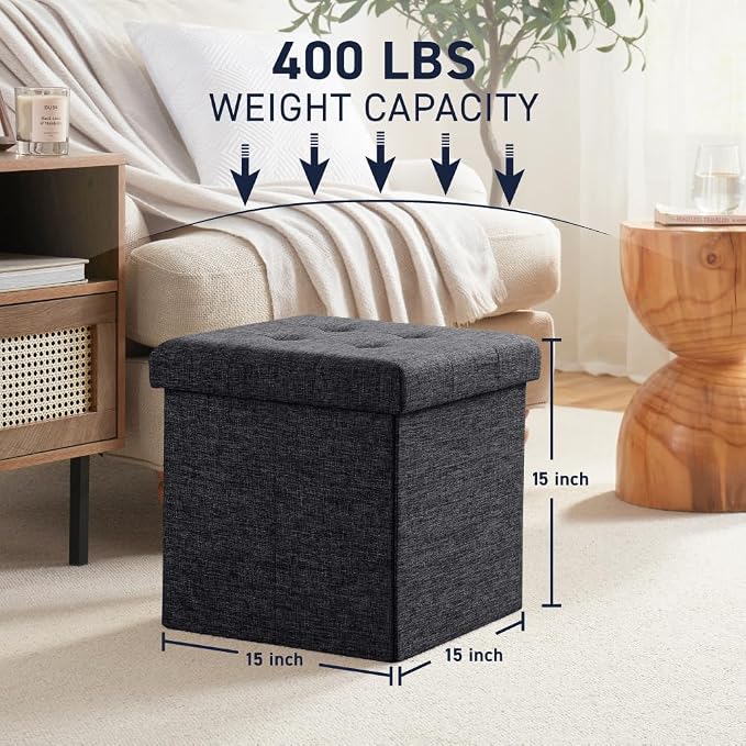 Ornavo Home 15 Inch Folding Storage Ottoman Cube, Tufted Linen, Black | Upholstered Cube with Lid; Foot Rest Stool; Ideal for Bedroom, Living Room or Entryway