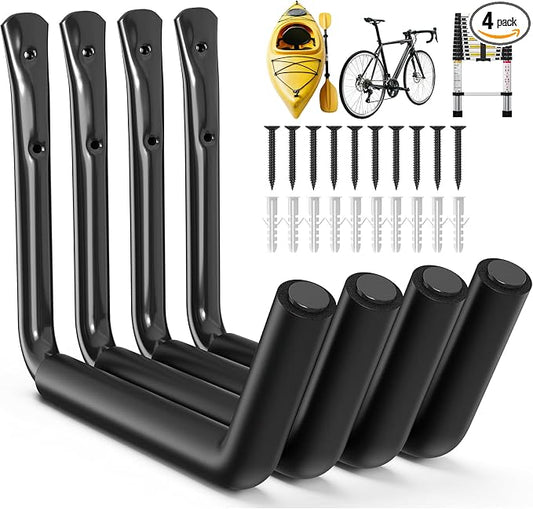 Heavy Duty Garage Storage Hooks, 120 LB Capacity Wall Mounted 4-Pack Hook, 15-Inch Jumbo Arm Rack Hanger for Kayaks, Ladders, Bikes, Surfboard, Stroller, and Tools, Indoor, Outdoor