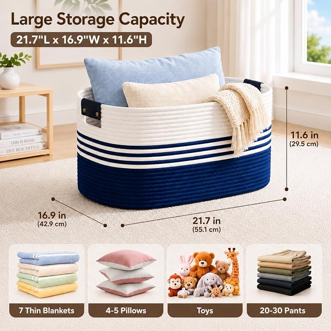 Laundry Hamper with Handles, 72L Rope Laundry Basket, Blue | Cotton rope clothes hamper with leather handles holds blankets, pillows, toys and laundry in nursery, bedroom or living room