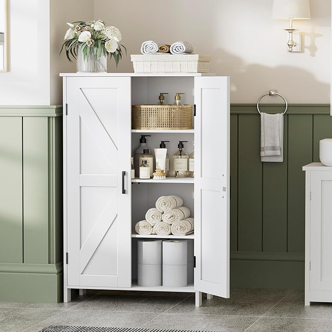 Homleke 43.3" H Farmhouse Bathroom Storage Cabinet with Adjustable Shelves | Freestanding Storage Cabinet with Barn Doors for Bathroom, Kitchen, Living Room, Dining Room & Entryway, White