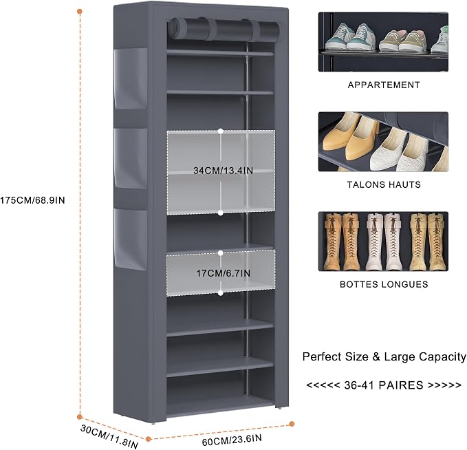 OYREL Shoe Rack Dustproof 10 Tier Tall Large Storage with 6 Storage Pocket | Space Saving Fabric Cover Shoe Organizer Shelf for Closet, Bedroom, Garage, Entryway, Narrow Free Standing Cabinet Holder