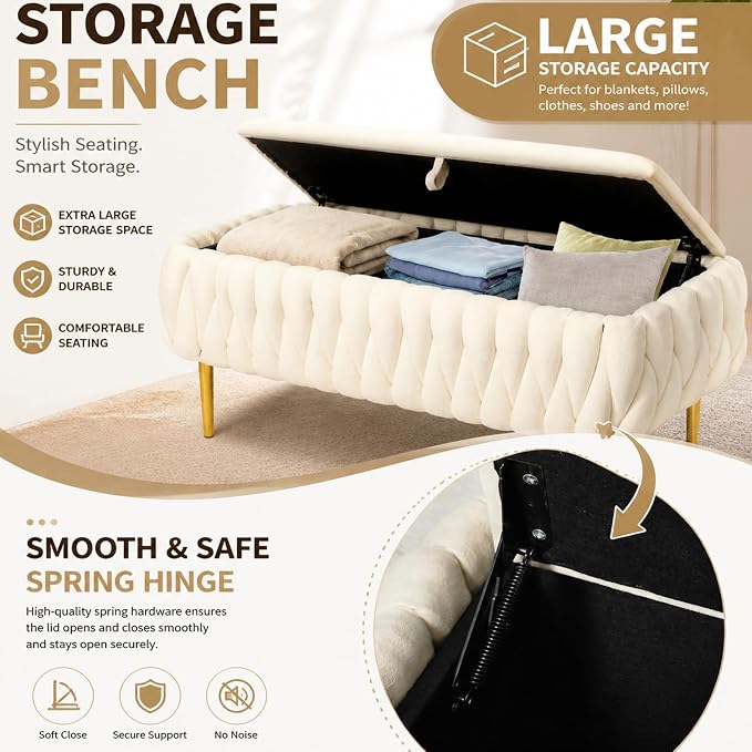 Bench for Entryway 41.3", Bedroom Benches for Foot of Bed, Ottoman with Storage for Bedroom, Upholstered Rectangular Ottoman for Living Room, Entryway, Holds up to 450 lb (White-A)