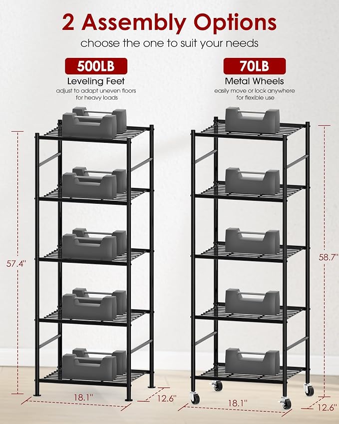 Sakugi 5-Tier Storage Shelves 18.1x12.6x58.7 Black with Wheels | Kitchen, Closet, Pantry, Garage, Heavy Duty, Adjustable Feet, Metal Construction