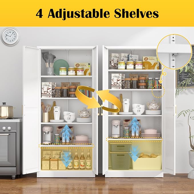 SteeLoong Kitchen Pantry Cabinet,71”White Metal Pantry Storage Cabinet with Doors and 4 Adjustable Shelves,Kitchen Cabinet with 2 Gold Handles,Tall Cabinet for Livingroom,Pantry, Bathroom,Kitchen