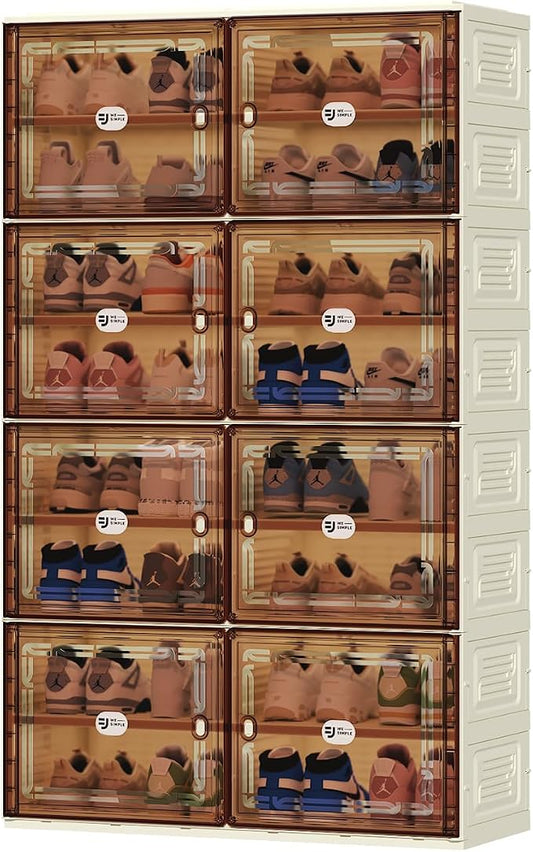 32 Pairs Shoes Storage Cabinet of 3-Step Fast Installation,Plastic Shoe Rack with Clear Magnetic Door for Display, Shoe Organizer for Sneaker, Sandals, Heels (2 Row, 8 Tier)