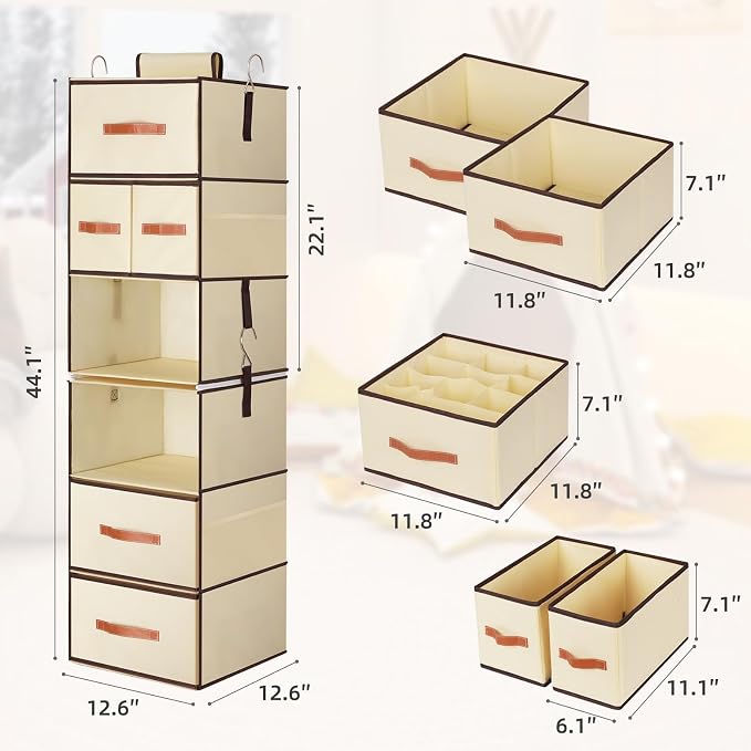 Hanging Closet Organizer 6-Shelf, Upgrade Closet Organizers and Storage with 5 Removable Drawers & 4 Side Pockets, Hanging Shelf Organizer for Closet or Garment Rack, 12.6'' x 12.6'' x 44.1'', Beige