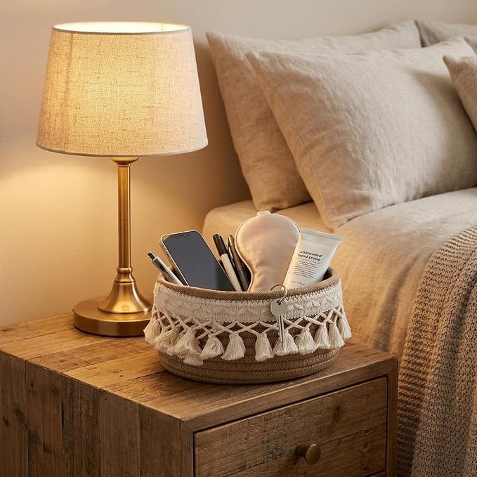 predolo Sundries Storage Basket Rope Handwoven Decorative Organizer Multipurpose Basket Suitable for Living Room Bedside Table Pantry, M 20cmx20cmx10cm