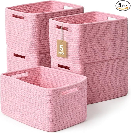 5 Pack Woven Storage Baskets for Shelves Organizing, Decorative Cotton Rope Organization Storage Bins for Toy, Book, Towel, Clothes, Closet, Nursery, Bathroom & Home Decor, Pink
