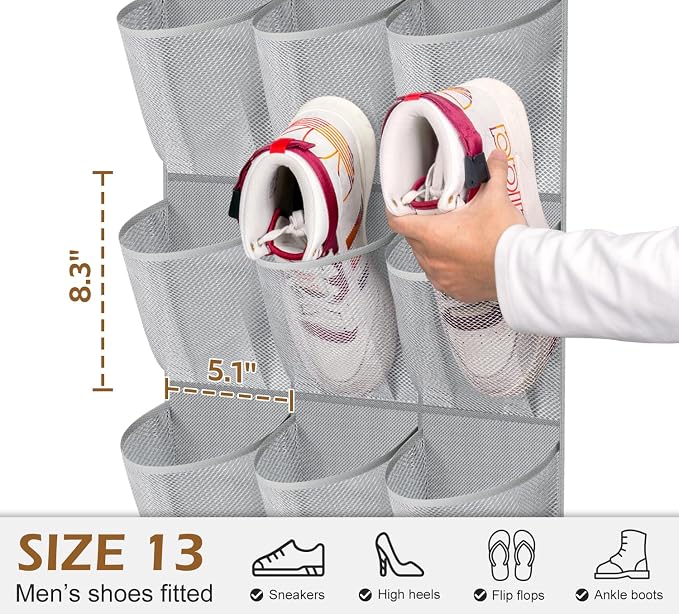 MISSLO 30 Large Pockets Dual Sided Hanging Shoe Organizer for Closet with Rotating Hanger Hanging Shoe Shelves, Grey